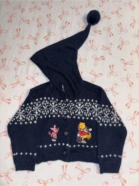 Vintage Kids Navy Knit Hooded Cardigan with Winnie the Pooh Embroidery 12M